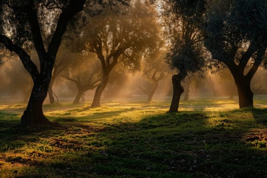 A group of tall olive trees standing in the lush green grass, illuminated by the golden light of early morning.