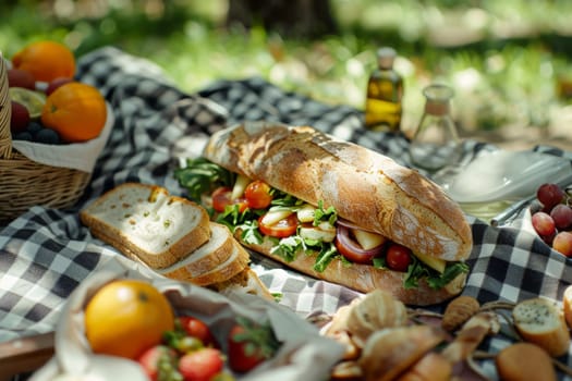 A vibrant outdoor picnic spread with a variety of fresh bread, colorful fruits, and crisp vegetables under the sun.