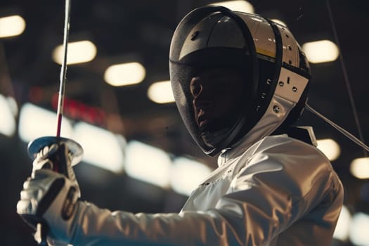 A fencer, clad in protective gear, grips his foil with determination, ready for a duel.