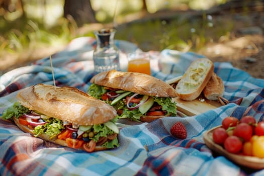 A picnic blanket lays beneath a couple of sandwiches, set against a sunny backdrop.