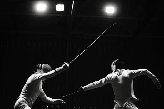 Two fencers engage in an intense bout, their foils crossed under the stark glare of overhead lights.