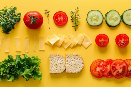 Various types of food arranged in an artistic display on a bright yellow surface.