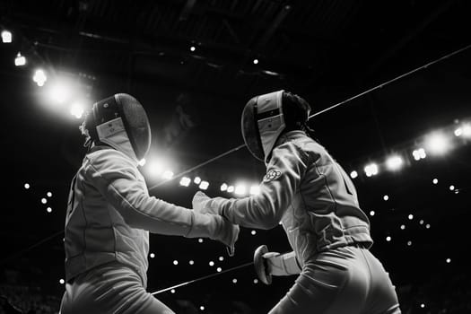Two fencers engaged in a focused bout, illuminated by dramatic overhead lighting.