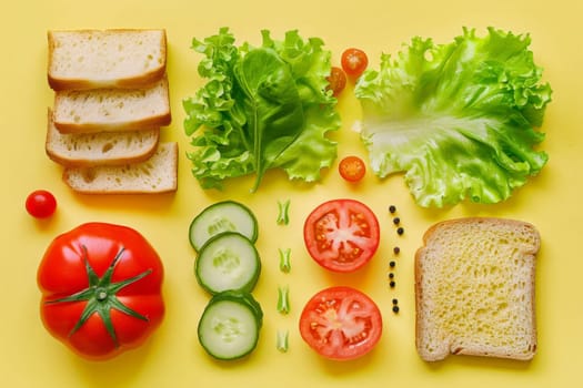 A delightful mix of colorful vegetables and assorted bread varieties beautifully arranged on a sunny yellow surface.