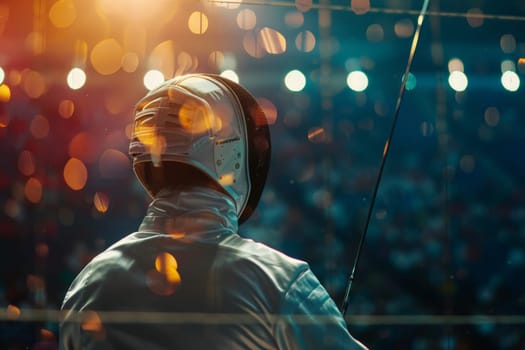 A fencer anticipates their next move under the allure of shimmering lights.