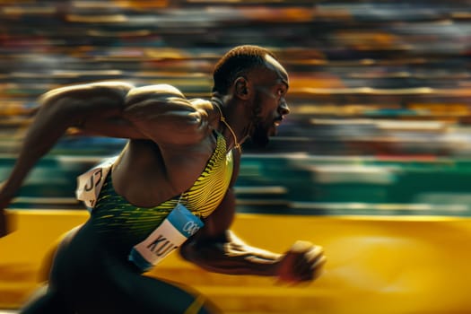 A man in athletic gear sprinting around a track inside a crowded stadium filled with cheering spectators.