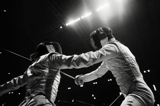 Two fencers engage in a dynamic duel, their foils meeting under the bright lights of competition.