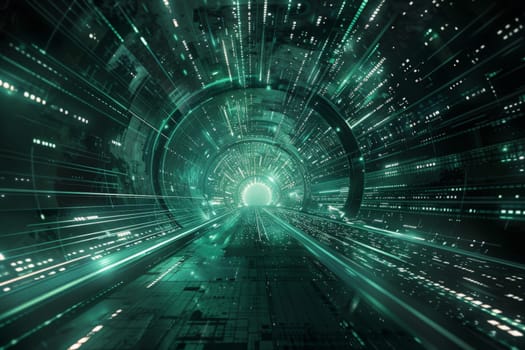 A tunnel bathed in a radiant glow of numerous green lights creating a mystical and mesmerizing atmosphere.
