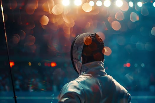 A fencer gazes intently at their opponent, bathed in the dramatic glow of evening lights.