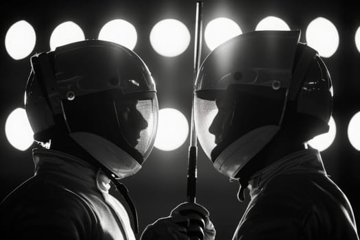 Two fencers confront each other, masks on, illuminated by stark backlighting.