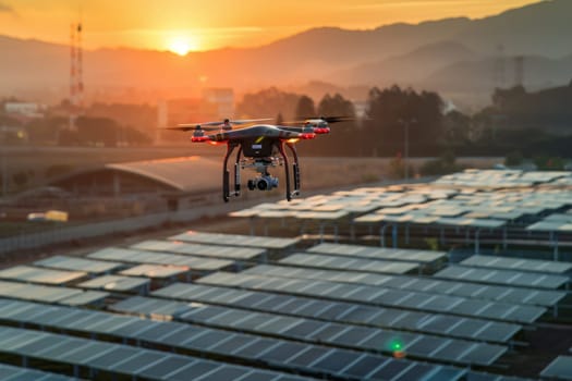 Rows of solar panels stretch across a vast field under the watchful eye of a drone hovering above, showcasing the beauty of sustainable energy production.