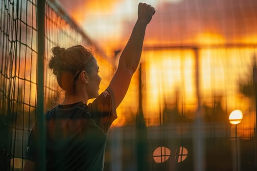 A woman exuding confidence and victory holds a tennis racquet atop a vibrant tennis court, ready for her next match.