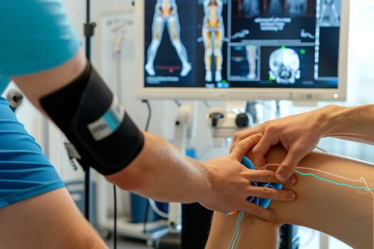 A person with a cast on their arm is connected to a monitor, symbolizing the integration of traditional healing methods with modern technology for recovery.
