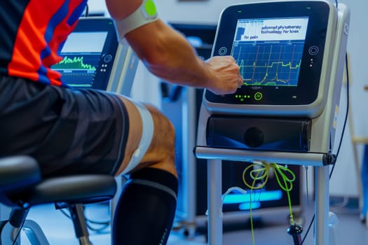 A patient undergoes knee therapy using cutting-edge equipment, displaying real-time progress on the screen.