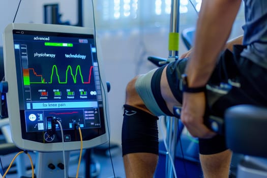 A man with knee braces is actively using a machine to improve his mobility and strengthen his knees.