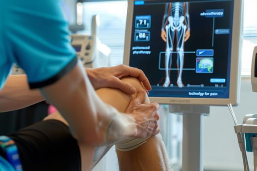 A person with a leg cast sits in front of a computer screen, utilizing advanced physiotherapy technology for their knee pain.