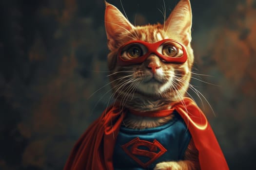 A cat dressed in a superhero costume, complete with a cape and mask, ready to save the day with its feline superpowers.