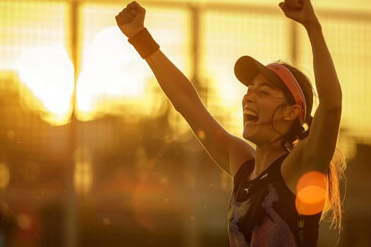 A young woman exudes victory as she raises her arms in the air with an expression of joy and accomplishment.