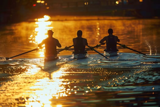 A mesmerizing scene unfolds as a group of people gracefully row on a tranquil lake under the colorful hues of a sunset sky.