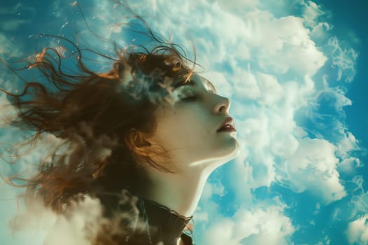 A graceful woman stands with her hair flowing in the wind, creating a mesmerizing and ethereal sight.