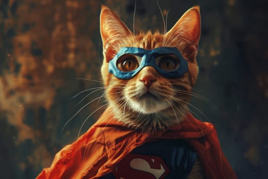 A cat donning a vibrant red cape and stylish blue goggles, exuding a sense of superheroic charm.
