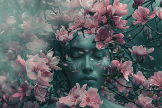 A womans serene face amidst a sea of delicate pink flowers blooming around her, creating a portrait of natural beauty and tranquility.