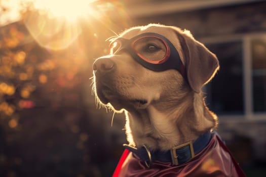 A daring dog dons a vibrant red cape and protective goggles, ready to soar through the skies like a superhero.