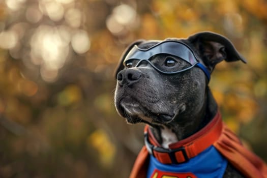 A dog dressed up as Superman, complete with a cape, costume, and goggles, ready for an adventure.