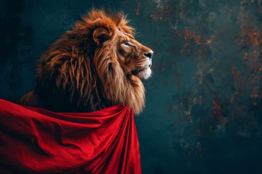 A powerful lion stands proudly, adorned with a striking red cape around its neck, exuding an air of regal elegance and strength.