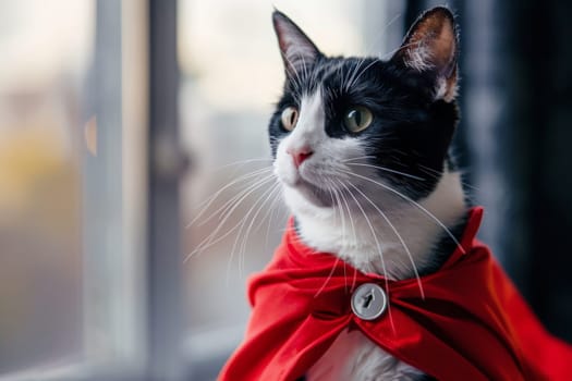 A black and white cat bravely wears a red cape, ready to embark on a heroic adventure as a real superhero.