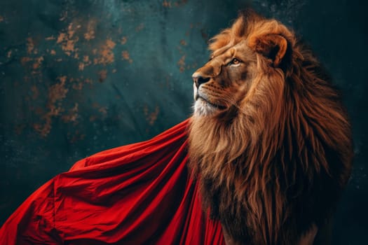 A powerful lion adorned with a vibrant red cape around its neck stands proudly, exuding regal elegance and strength.