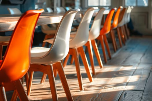 A row of chairs elegantly rest upon a polished wooden floor, creating a serene and inviting atmosphere.