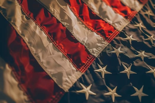 Detailed view of the American flag, showing the stars and stripes waving gently in the wind.