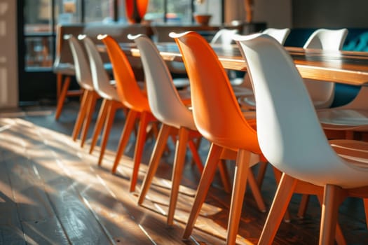 In a whimsical scene, a row of chairs seems to defy gravity as they sit gracefully atop a wooden table.