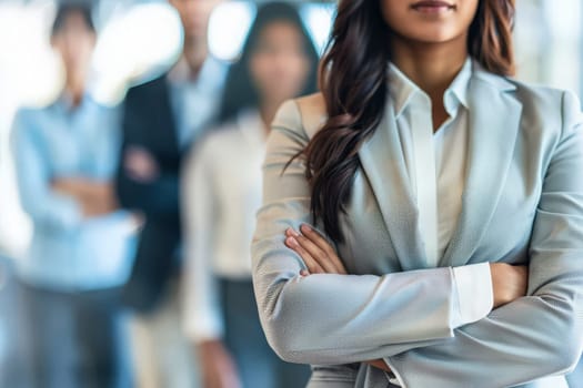 A confident woman stands with crossed arms in front of a group of people, exuding authority and leadership.