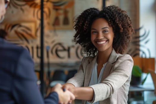 A woman and a man in a suit engaged in a firm handshake, symbolizing a successful partnership or agreement.