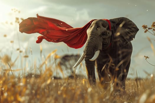 A magnificent elephant strides through lush tall grass, adorned with a striking red cape billowing in the wind.