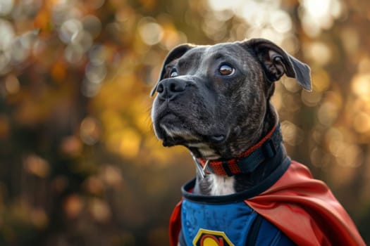 A dog wearing a Superman costume strikes a heroic pose for a photograph.