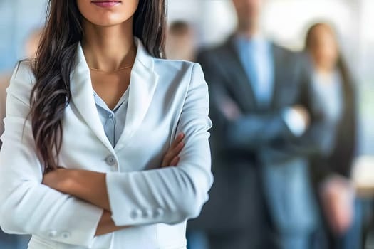 A woman with her arms crossed is standing confidently in front of a group of people, exuding power and unity.