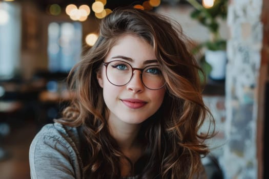 A woman with glasses makes direct eye contact with the camera, exuding confidence and intelligence.