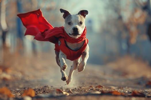 A dog races elegantly with a vibrant red scarf flowing around its neck.