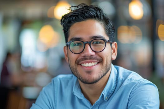 A man with glasses exudes warmth and joy as he smiles at the camera, emanating charisma and confidence.