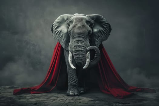 A majestic elephant proudly wearing a vibrant red cape around its neck, exuding strength and power.