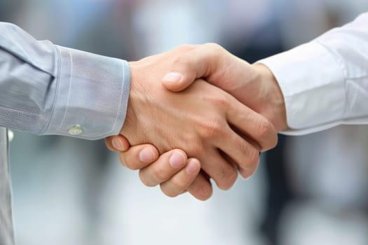 Two individuals engaged in a formal handshake, symbolizing mutual respect, trust, and agreement.