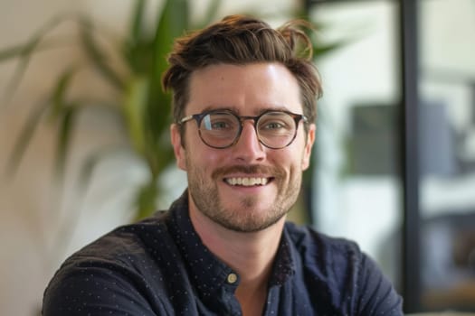 A man with glasses happily smiles at the camera.