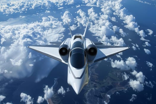 A fighter jet soars through the sky amidst billowing clouds, showcasing its power and agility as it navigates the vast expanse above.