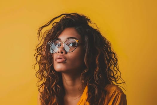 A woman with glasses is wearing a bright yellow shirt. She is standing confidently, looking directly at the camera. Her outfit is simple yet stylish, giving off a professional and chic vibe.
