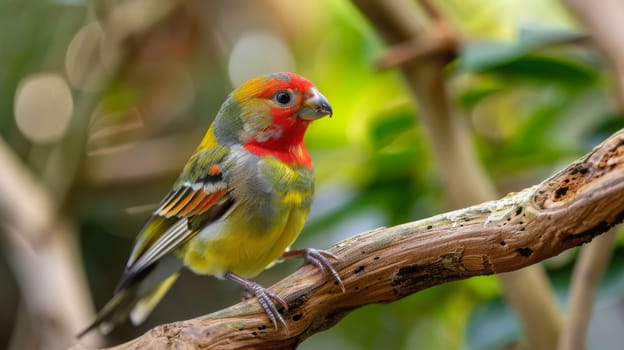 A vibrant bird with colorful feathers perched on a tree branch. The bird is sitting comfortably and looking around its surroundings. The branch is sturdy and provides a good vantage point for the bird.