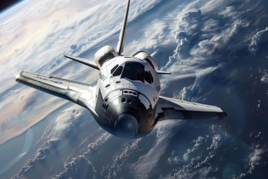 A space shuttle spacecraft is seen soaring high above the Earths atmosphere, with the planets majestic blue and white surface stretching below. The spacecraft appears small in comparison to the vastness of the planet it is orbiting.