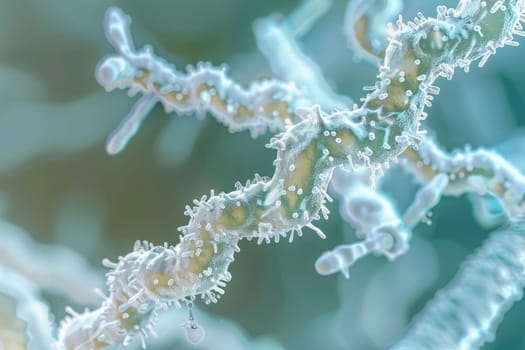 A detailed view of a plant stem covered in water droplets, glistening under the light. The droplets cling to the surface, reflecting the surroundings like tiny mirrors.
